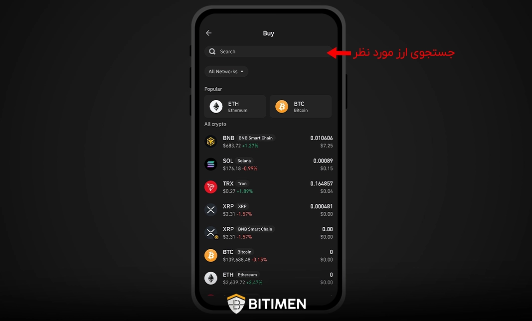 انتخاب رمز ارز مورد نظر